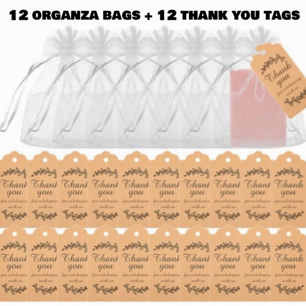 “Thank You For Celebrating With Us” Gift Tags + White Organza Gift Bags, 12 Each